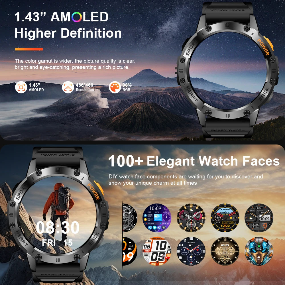 LIGE 1.43 Inch AMOLED Screen Bluetooth Call Flashlight 530mAh Outdoor Men Smart Watch Sports Health Monitor For Android IOS K65