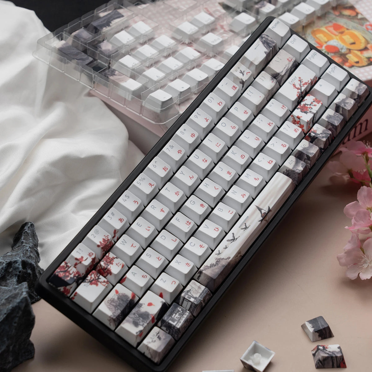 Plum Blossom Japanese RGB Backlit Keycaps 5 Sides Dye Sublimation PBT Keycaps Cherry Profile for MX Switches Gaming Keyboard