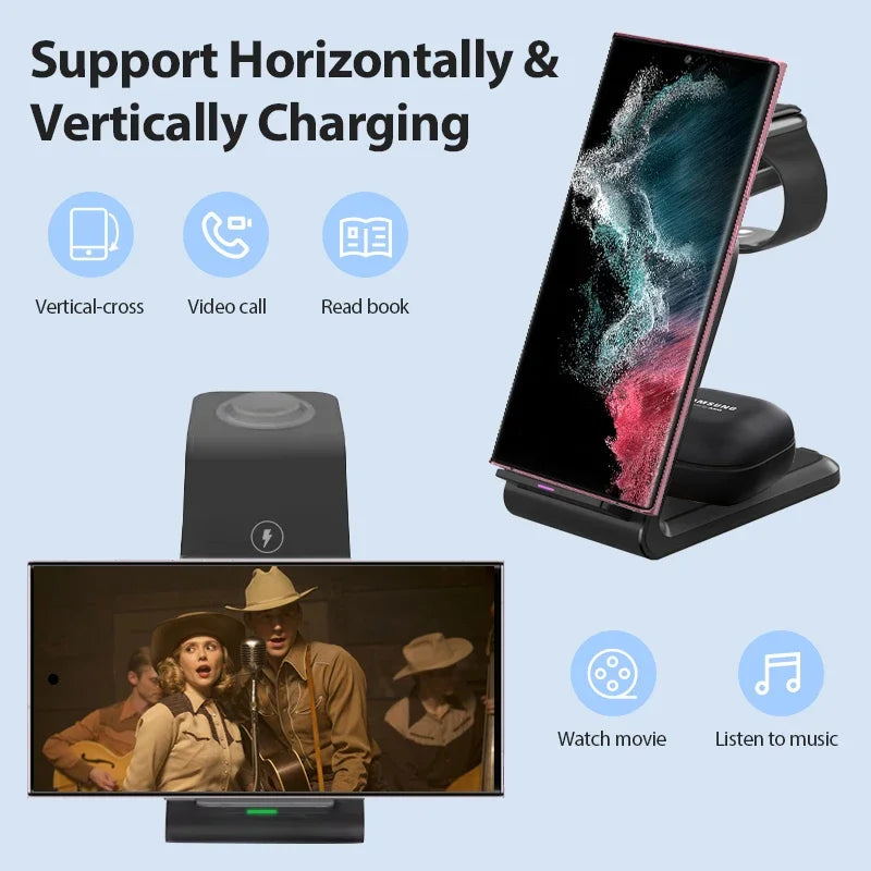 VIKEFON 3 in 1 Wireless Charger Stand for iPhone 16 15 14 13 12 Samsung Galaxy Apple Watch Airpods Pro Fast Charging Station