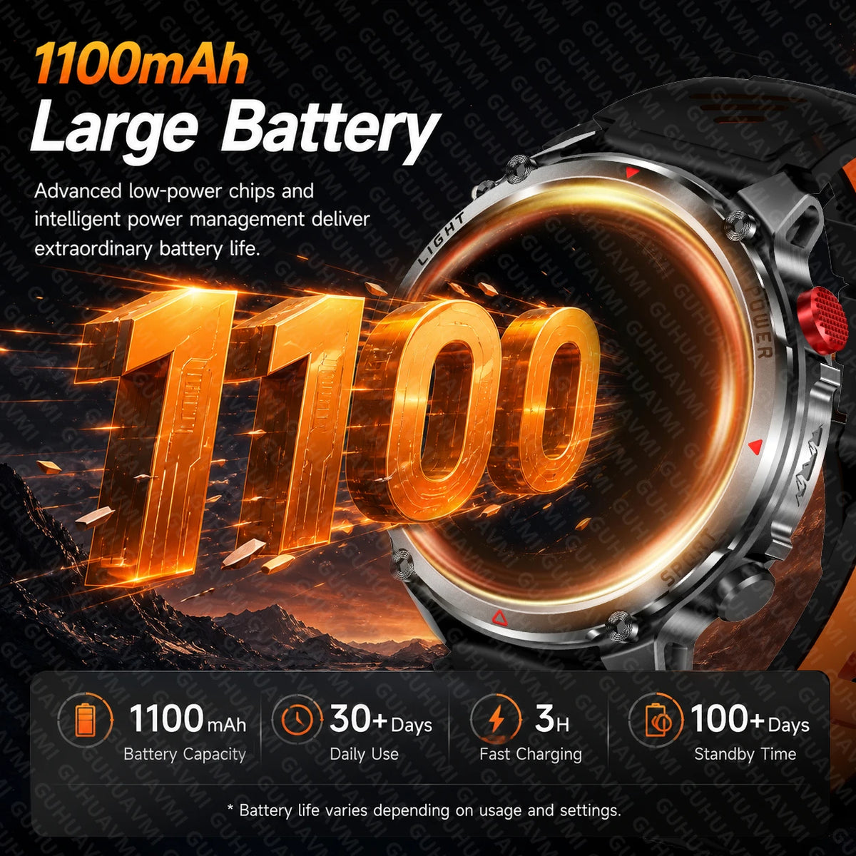 New Men Outdoor Military 1100mAh Large Battery Smart Watch Compass GPS Track IP68 Waterproof LED Flashlight BT Call Smartwatch