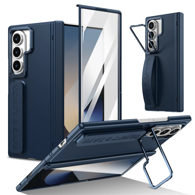 For Samsung Galaxy Z Fold 7 6 5 4 3 Wristband Hinge Lens Holder Phone Case Outer Screen Glass Film Protection Shockproof Cover