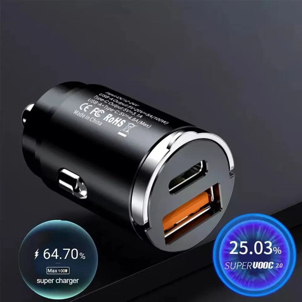100W Metal Alloy Mini Car Charger Car USB Charger Super Fast Charging Dual Ports USB-A USB-C Hidden Phone Car Charger Adapter