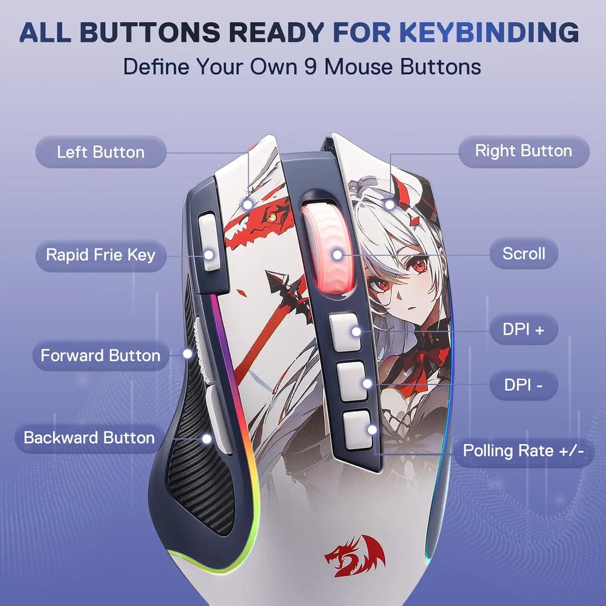 Redragon M612AK PRO RGB Gaming Mouse 8000 DPI Wired/Wireless Optical Mouse 9 Programmable Buttons 7 Backlit Modes