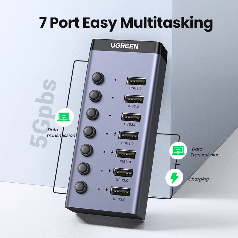 UGREEN USB C Hub 7-Port USB3.0 Splitter with Individual OFF/ON Switch LED Indicator for Desktop PC Laptop USB Ports Extender