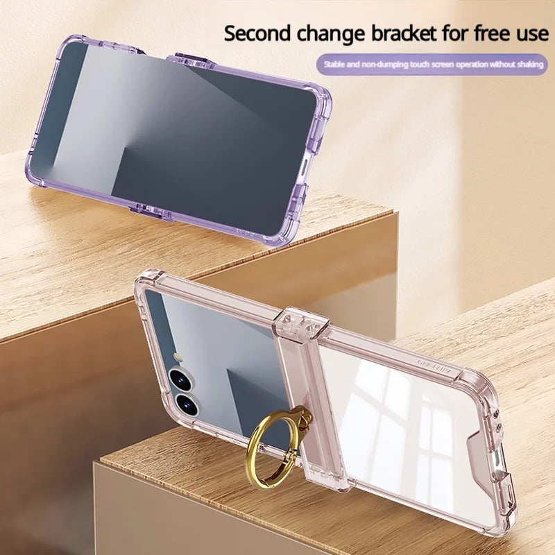 Luxury Airbag Hinge Protection Ring Holder Phone Case For Samsung Galaxy Z Flip 8 7 6 5 Z Flip7 FE Flip 8 Clear Shockproof Cover