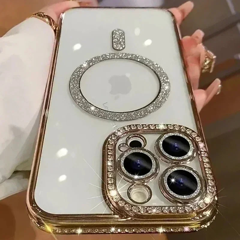 New Fashion Glitter Diamond Transparent Case For iPhone 17 16 15 14 13 11 12 Pro Max Funda Magnetic Wireless Charge Bumper Cover