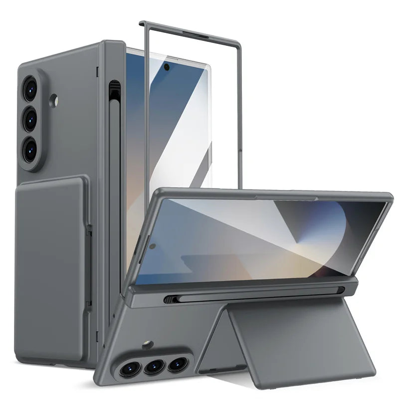 Hinge Wallet Card Slot Bracket Phone Case For Samsung Galaxy Z Fold 8Ultra 7 6 5 With Screen Glass Protect Film S Pen Slot Cover