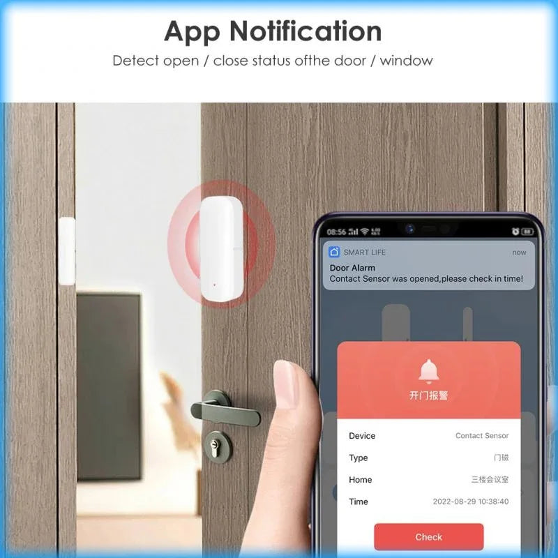 Tuya Door and Window Magnetic Smart Sensor with Zigbee and Wi-Fi connectivity, compatible with Alexa and Google Home