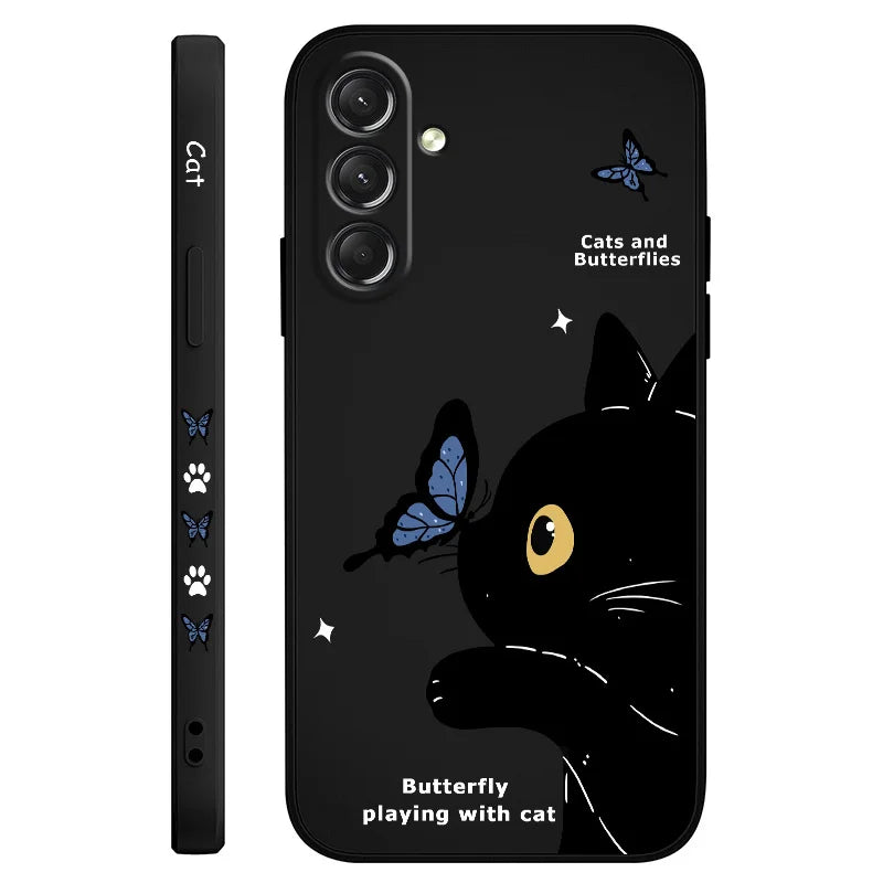 Cat Butterfly Phone Case For Samsung Galaxy S25 S24 S23 S22 S21 S20 S10 Ultra Plus FE Note 20 Ultra 10 Plus Cover