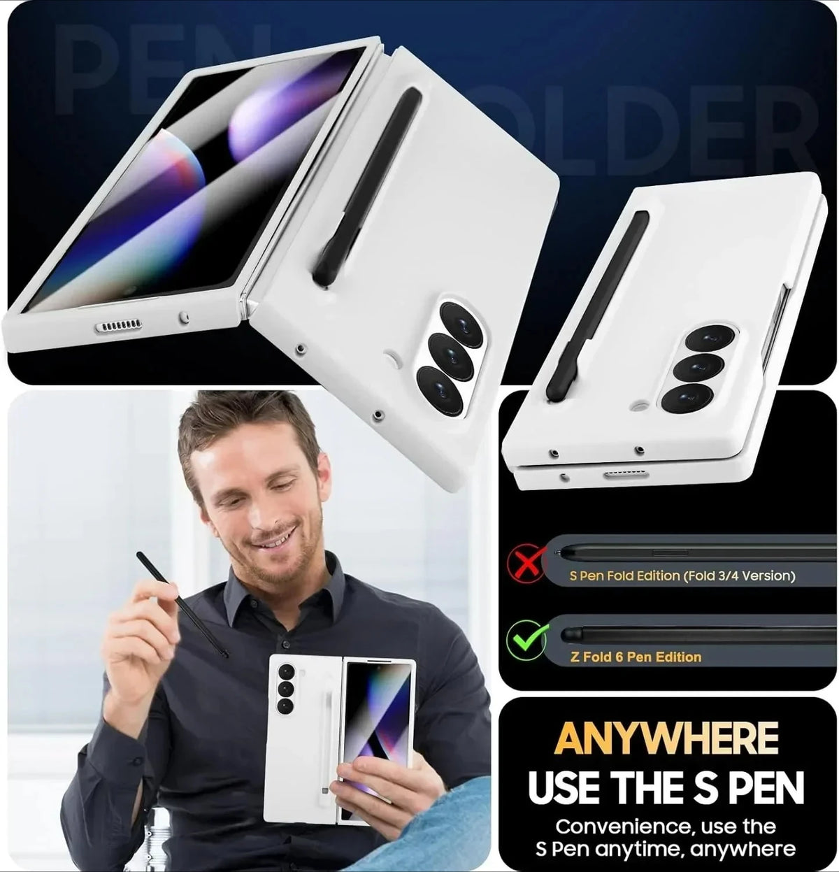 NEW For Samsung Galaxy Z Fold 7 6 5 Premium Cases With S Pen and S Pen Holder Solid Color Built-in Screen Protector Matte Cover