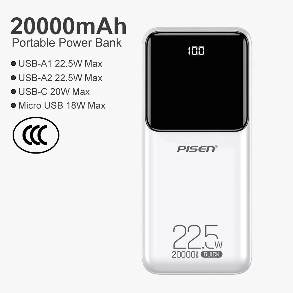 PISEN 20000mAh PD 20W Quick Power Bank SCP 22.5W Portable CCC Powerbank Fast Charging External Battery For Huawei iPhone Xiaomi