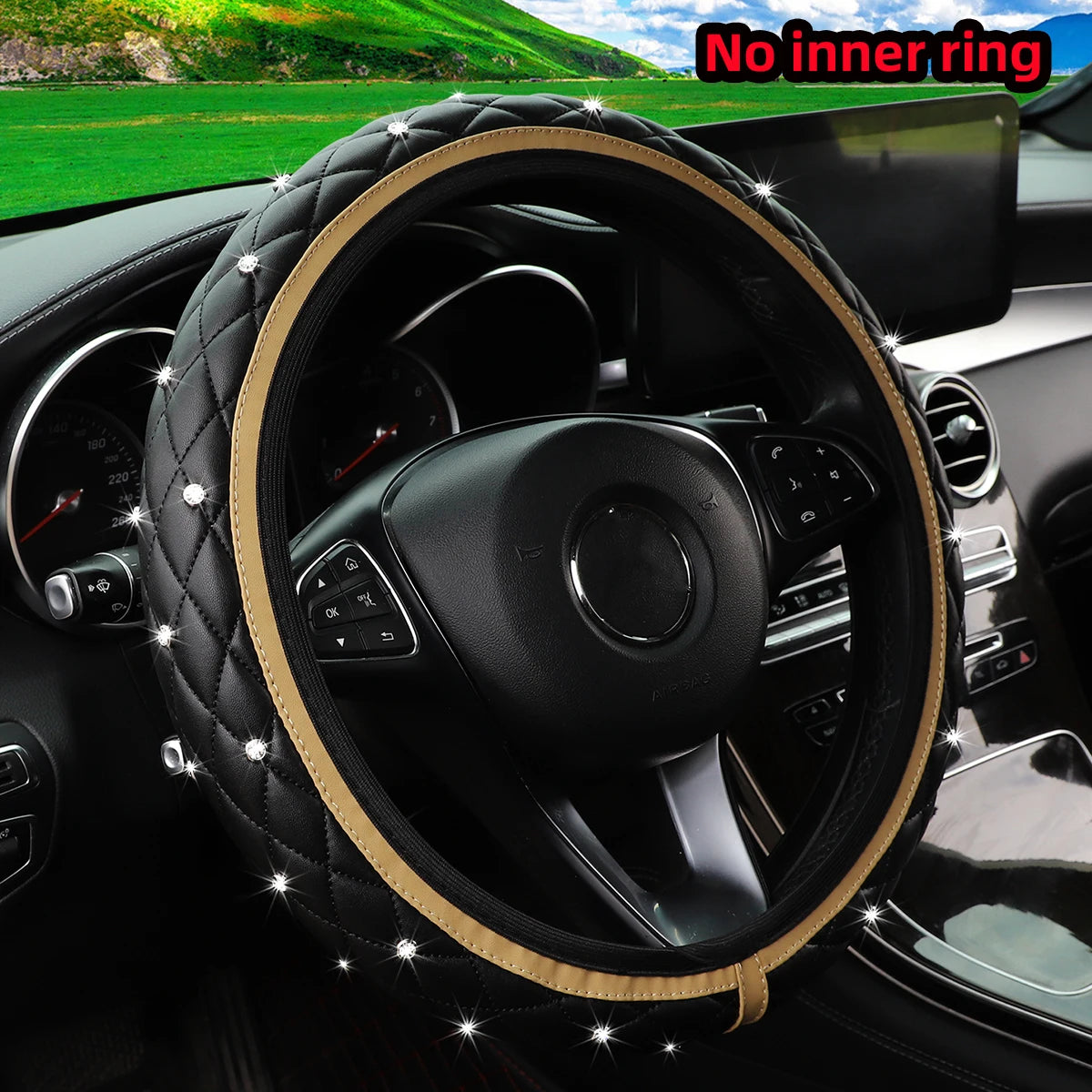 1 PU leather embroidered stereo diamond-encrusted Blingbling car steering wheel cover for 14.5-15 inch automotive supplies