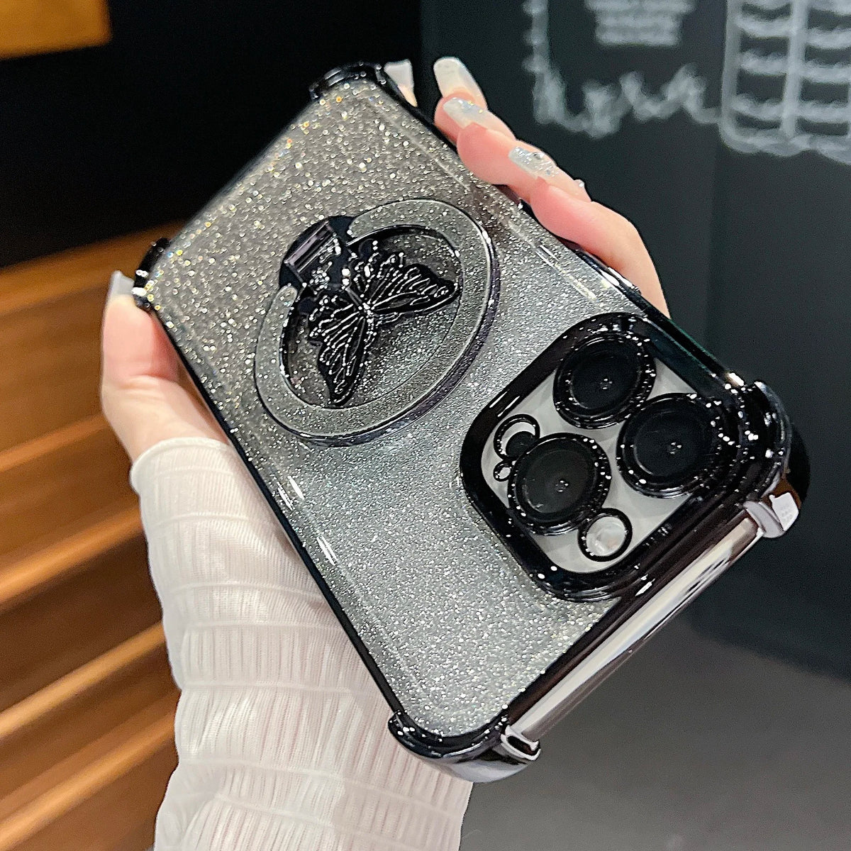Luxury Butterfly Glitter Holder With Lens Film Phone Case For iPhone 11 12 13 14 15 16 17 Pro Max Plus Four Corner Anti Fall