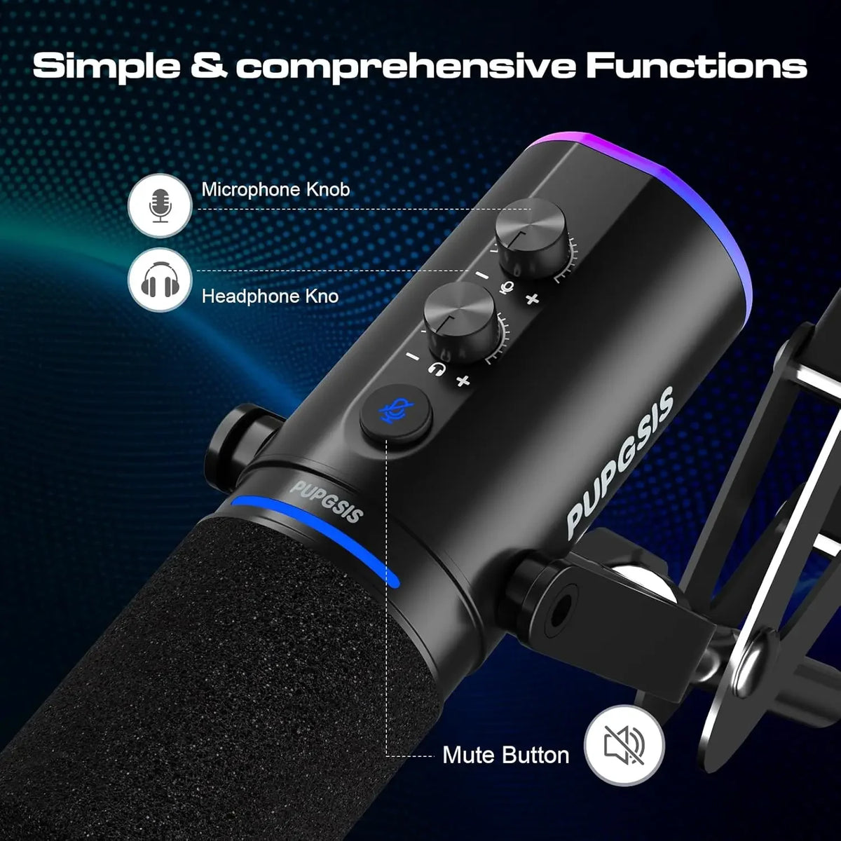 XLR/USB Gaming Microphone Kit: Dynamic PC Mic for Streaming Podcasting, Mute Button, Reverb Effects, RGB Computer Mic with Arm