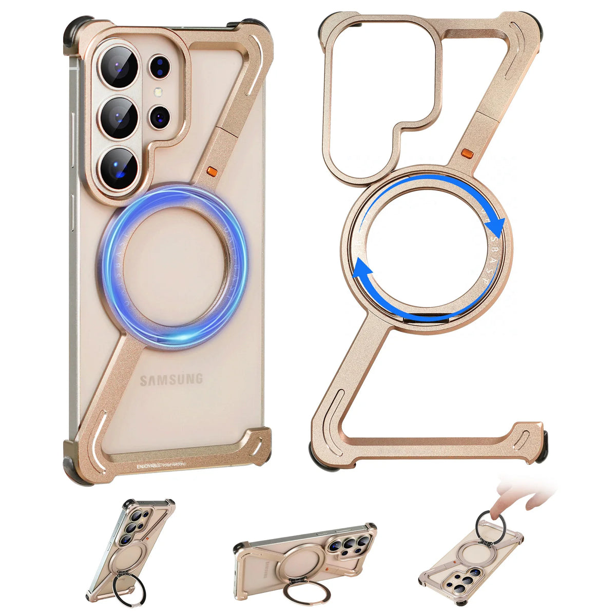Eary Z Shape for Samsung Galaxy S26 Ultra Phone Case Frameless Metal Protective Case 360°Rotate Magnetic Stand Shockproof Cover