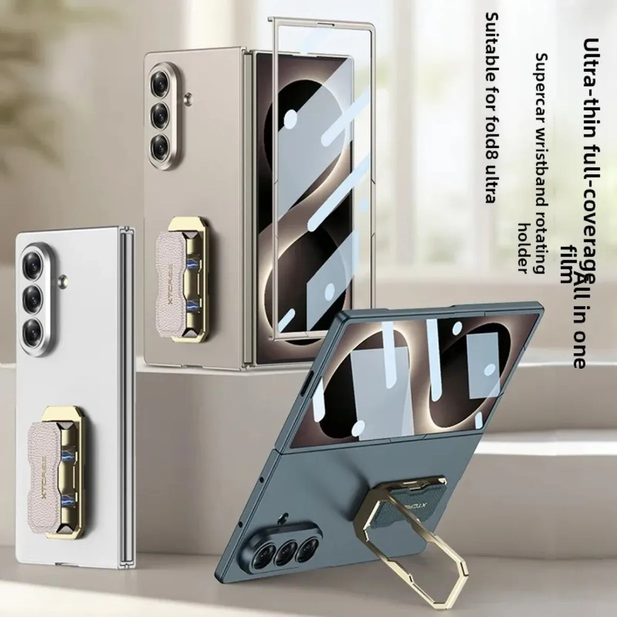 Wristband Bracket Holder Kickstand Phone Case with Front Tempered Glass Film for Samsung Galaxy Z Fold 8 Ultra 7 Fold8 Fold7 5G