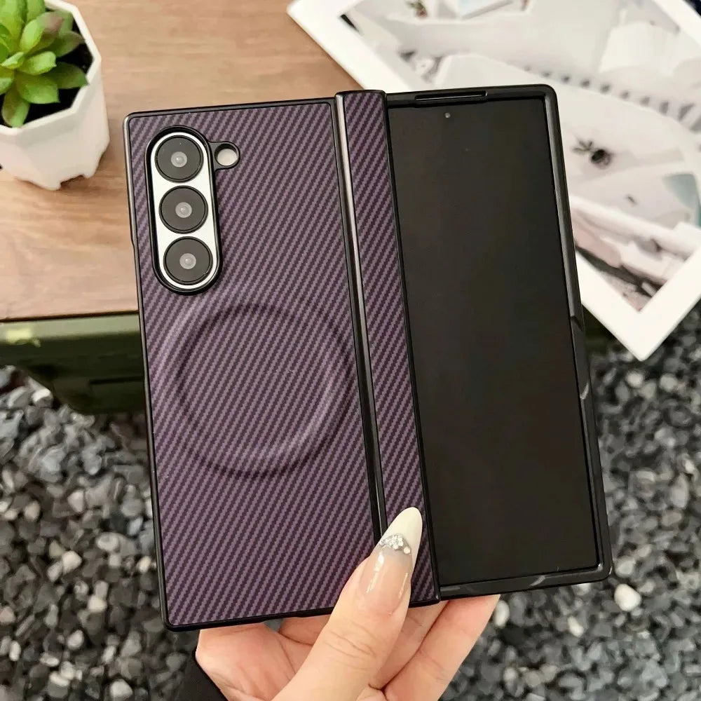 High End Carbon Fiber PU Hinge For MagSafe Phone Case For Samsung Galaxy Z Fold 8 Ultra 7 6 5 4 Magnetic Wireless Charging Cover