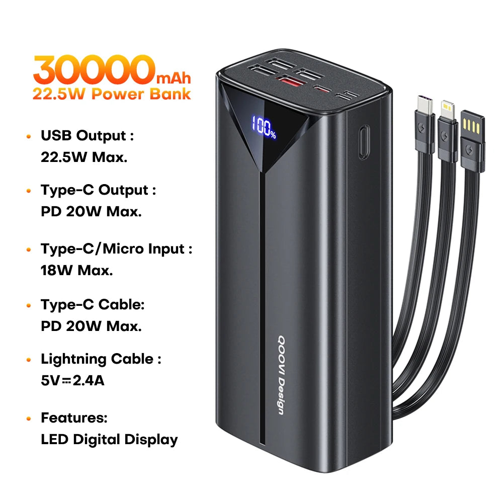 QOOVI 20000mah Power Bank 22.5W Fast Charging Built-in Cable External Large Battery Portable Charger For iPhone Samsung Xiaomi