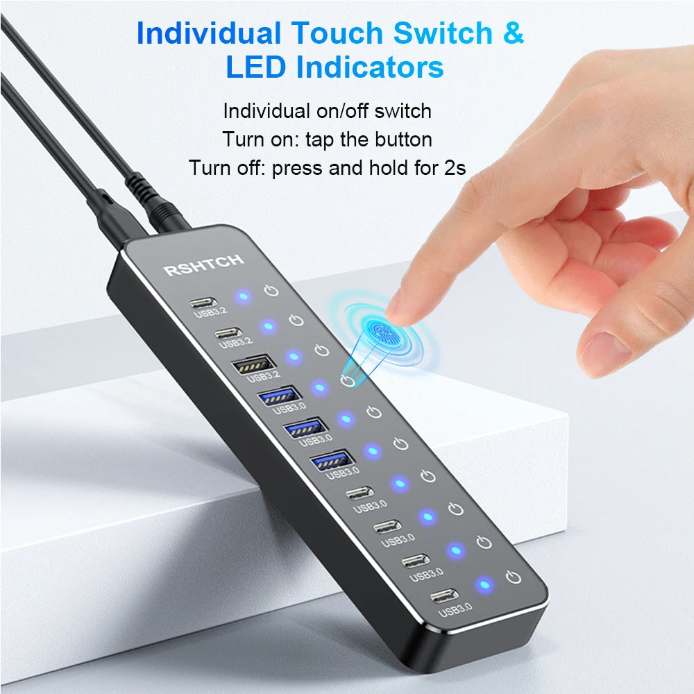 RSHTECH 10 in 1 USB C Hub 10Gbps USB-C with Individual Touch Switches Multiport Splitter Docking Station for MacBook Laptops PC