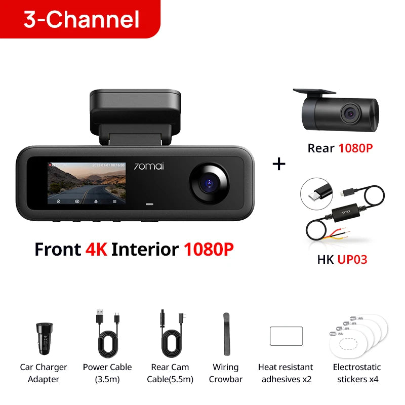 70mai T800E 3-Channel Dash Camera 4K+1080P Triple View HDR Supercapacitor GPS WiFi 6 70mai T800E Car DVR Voice Control