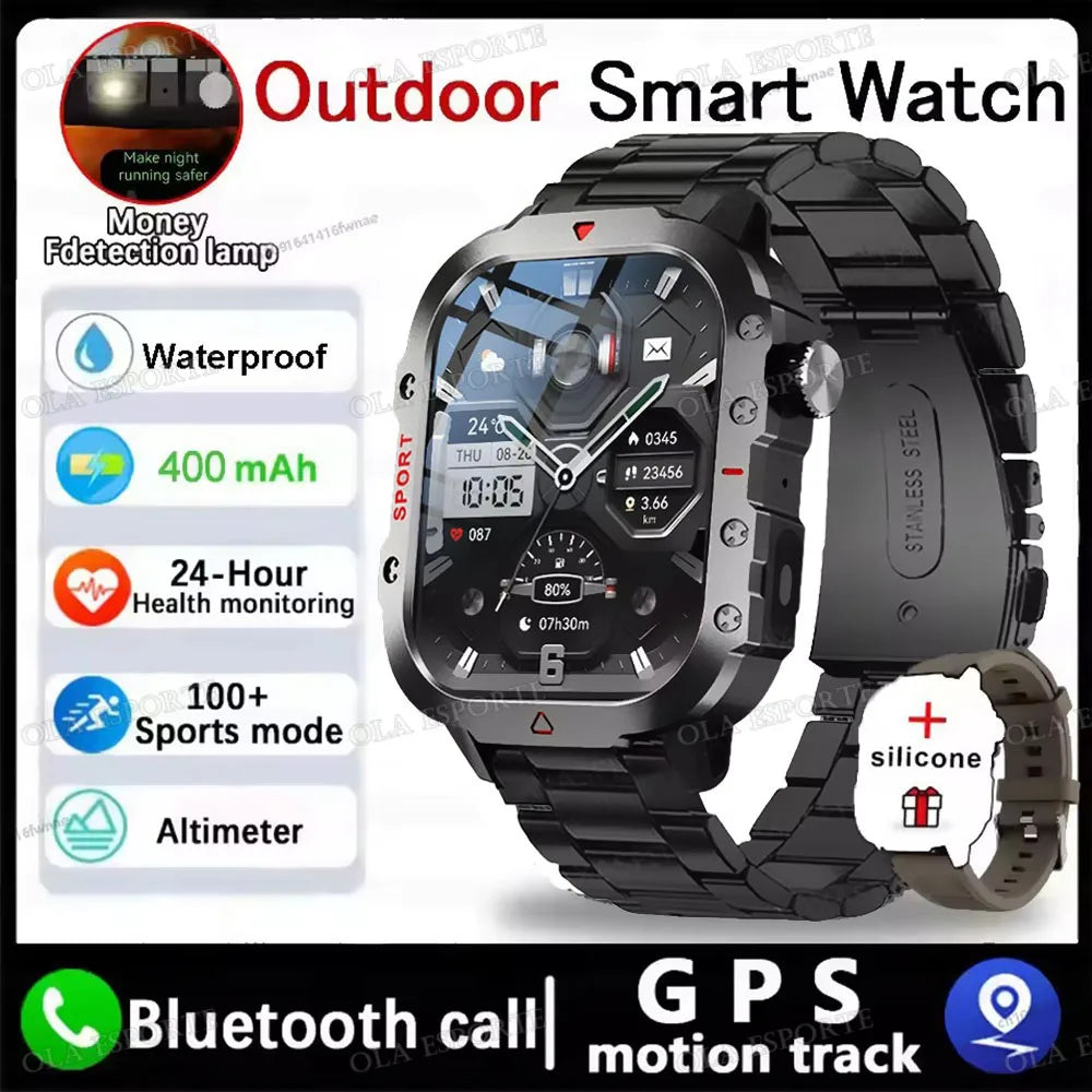 1400mAh Big Battery Smart Watch Men Outdoor GPS Flashlight 10ATM Waterproof Bluetooth Call AMOLED HD Sports Smartwatch PK HT30