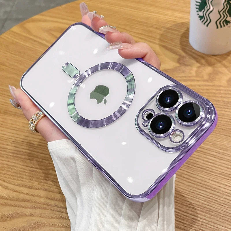 Magnetic Plating Case For iPhone 15 16 14 17 13 12 18 Pro Max Air Camera Lens Protector Glass For Magsafe Wireless Charger Cover
