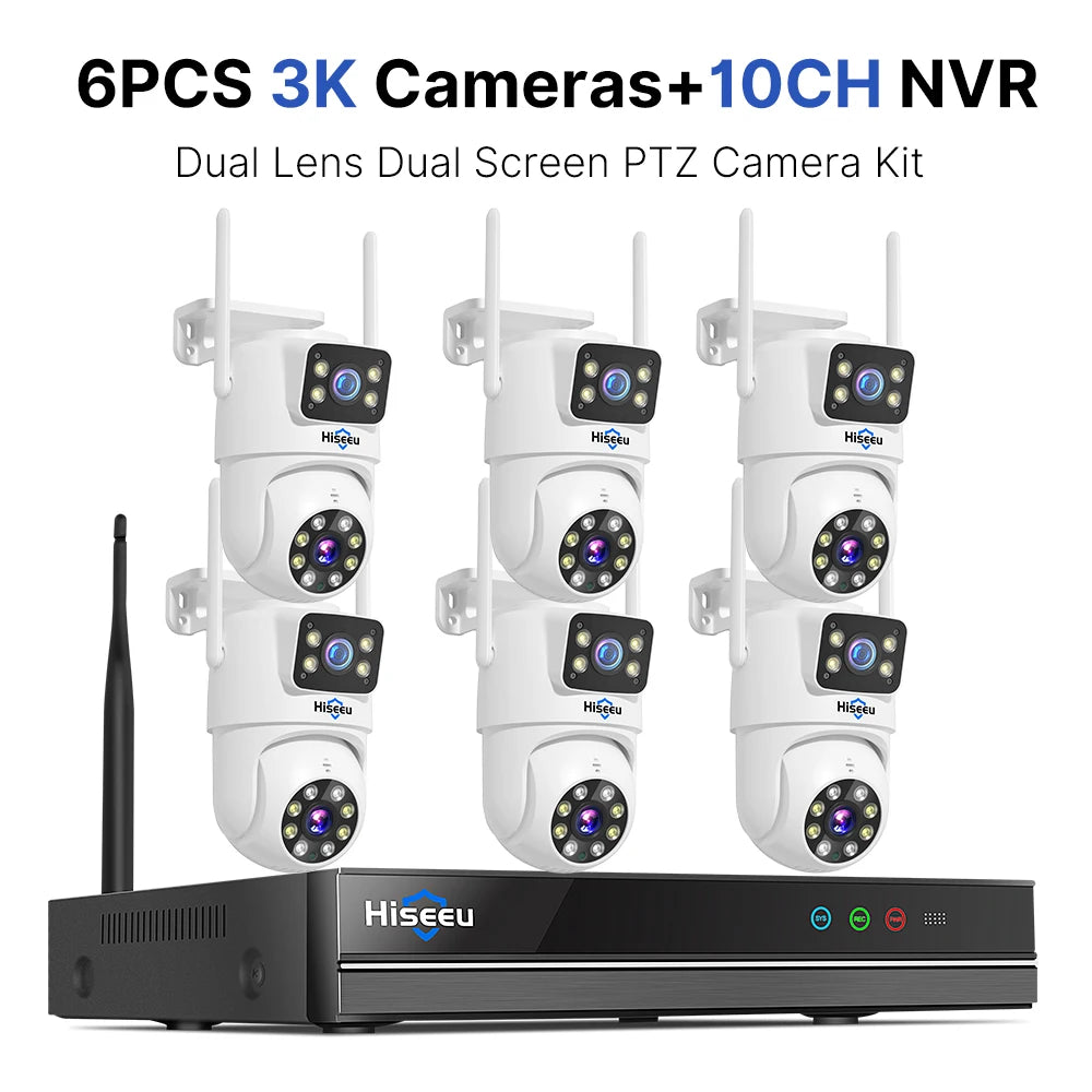 Hiseeu H.265 10CH NVR 3K 6MP Surveillance System Dual Lens Smart PTZ IP Camera Color Night Vision Auto Tracking WiFi CCTV System