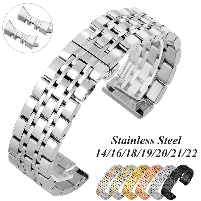 Curved End Watch Strap 14 16 18 19 20 21 22mm Bracelet Stainless Steel Band Metal Wristband Universal Watch Belt Accessories