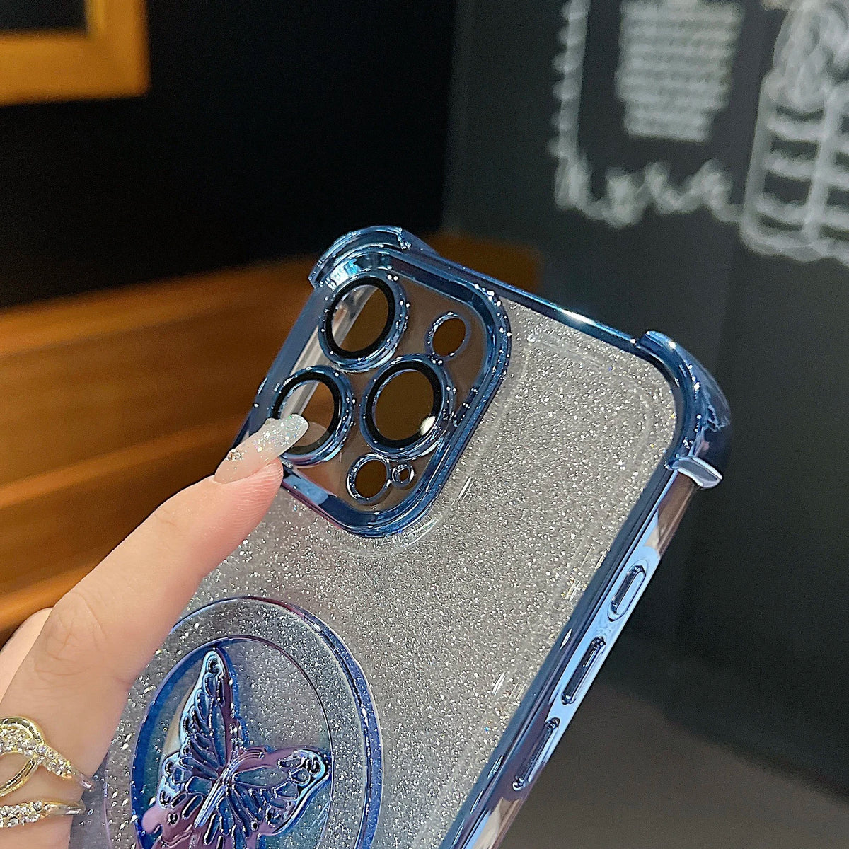Luxury Butterfly Glitter Holder With Lens Film Phone Case For iPhone 11 12 13 14 15 16 17 Pro Max Plus Four Corner Anti Fall