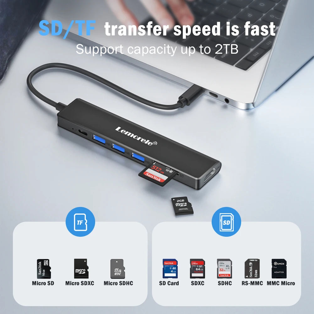 Lemorele TC70 7in1 USB C HUB Type C 3.0 Docking Station HDMI 4K@30Hz 100W PD SD/TF Slot Fast Transfer for Laptop Macbook Windows