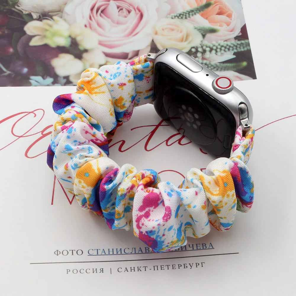 Scrunchie Elastic Watch Band for Apple Watch Band 38mm 40mm 41mm 42mm 44mm 45mm 46mm 49mm Cloth Pattern Printed Fabric Wristband