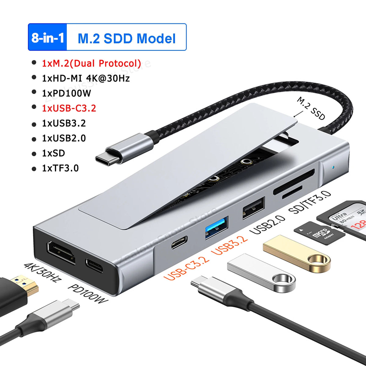 8-in-1 USB 3.2 Hub With Disk Storage Function M.2 SATA NVME SSD Type C to HDMI-Compatible Splitter SD/TF Reader For Macbook Pro