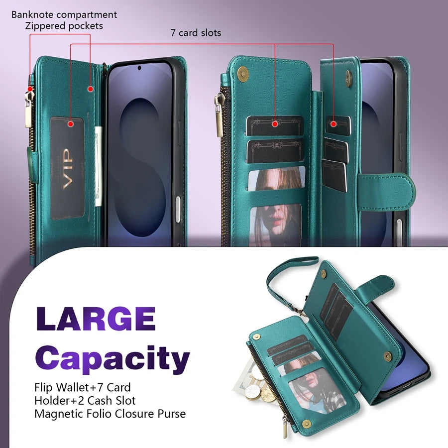 Wallet Multi-card Slot Zipper Kickstand Magnetic Flip Leather Case For Samsung Galaxy S26 Ultra S25 FE S24 Plus S23 S22 S21 S20
