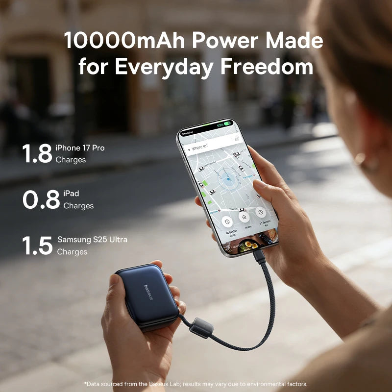 Baseus 45W Mini Power Bank 10000mAh Built-In USB-C Cable Pocket-Sized Smaller Fast Charge Portable For iPhone 18 17 Samsung S26