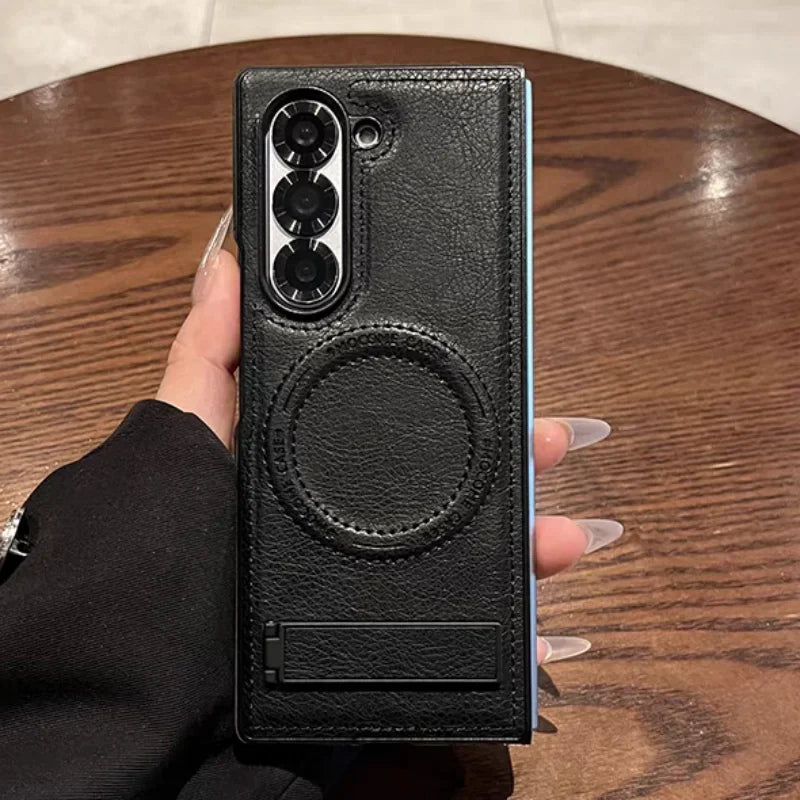 Retro Leather Hidden Tripod Phone Case For Samsung Galaxy Z Fold 7 6 5 4 3 Magnetic Wireless Charging Lens Fall Prevention Cover