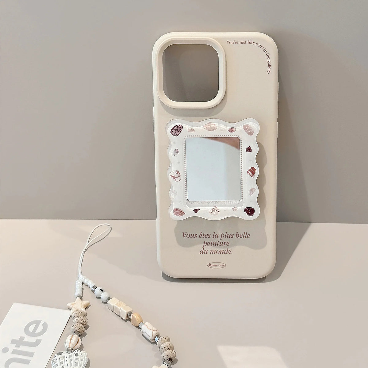 Vintage French Mirror Phone Case with Beaded Wrist Strap for iPhone 16 15 14 13 12 Pro Max Aesthetic Cream Shell Pearl Design