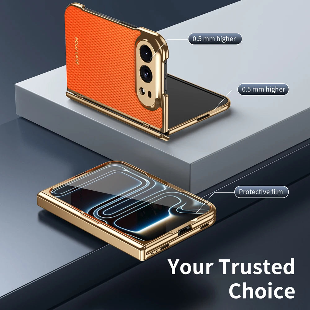 KEYSION Luxuxy PU Leather Fold Phone Case for iPhone Duo Plating Hard PC Shockproof Back Cover With Hinge+HD Screen Protector