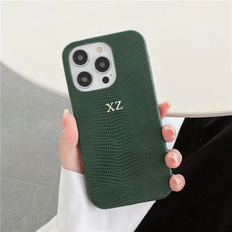 Personalise Gold Silver Initials Letters Leather Case For iphone 15 14 13 16 17 18Pro Max 14 16 Plus Luxury Lizard PU Hard Cover
