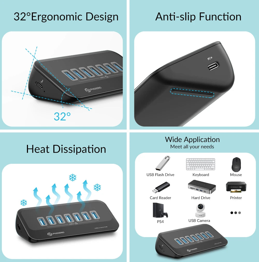 PHIXERO USB 3.2 Docking Station Hub 10Gbps Splitter Switch Dock Multi Port SD Card Socket Type C Gen2 for Surface PC Laptop 3.0