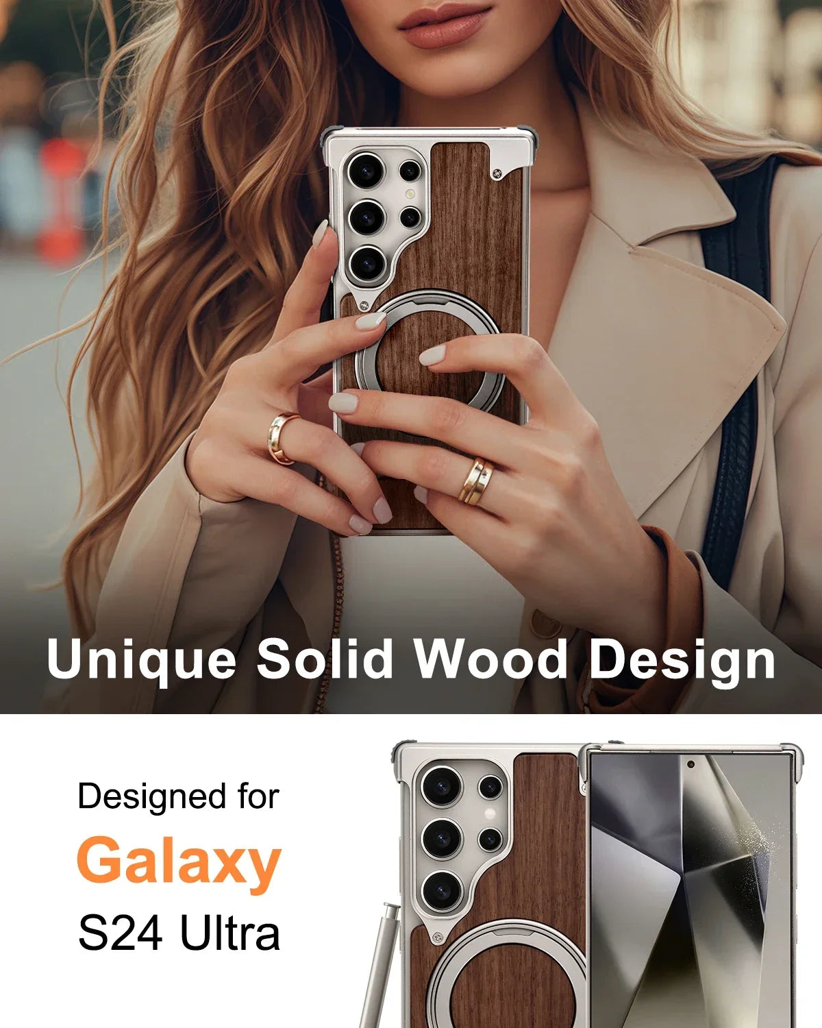 Eary Solid Wood Phone Case for Samsung Galaxy S25 S24 Ultra for Magsafe 360° Rotation Kickstand Frameless Protective Shells