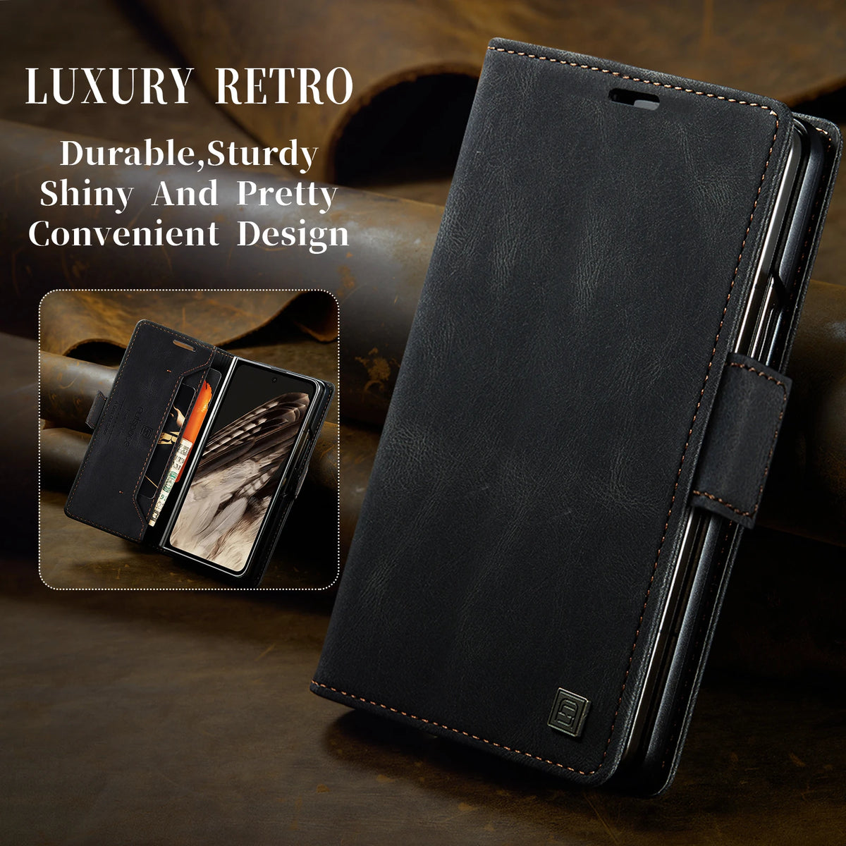 AUTSPACE Skin Feel Retro Leather Wallet Case for Google Pixel Fold Card Slots Holder Magnetic Clasp Folding Protective Case