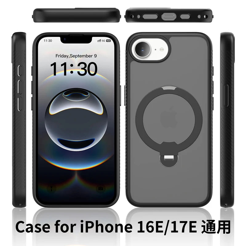 For iPhone 17E 16E Case ELVEV Magnetic Matte Hard PC+Soft TPU with Rotating Ring Bracket Protection Phone Cover