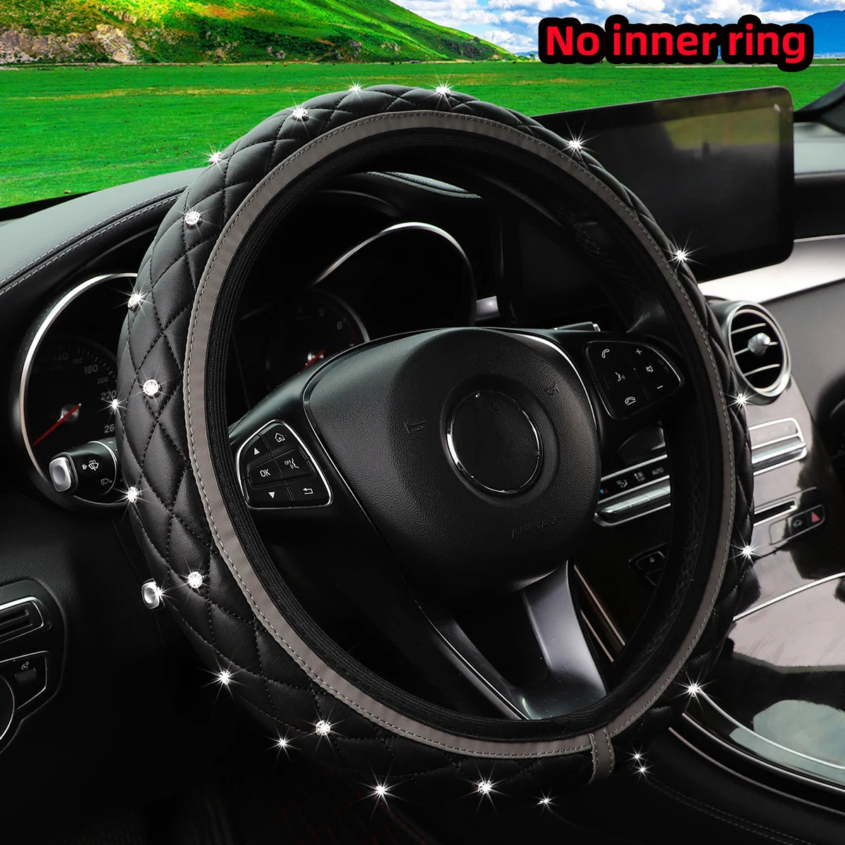 1 PU leather embroidered stereo diamond-encrusted Blingbling car steering wheel cover for 14.5-15 inch automotive supplies