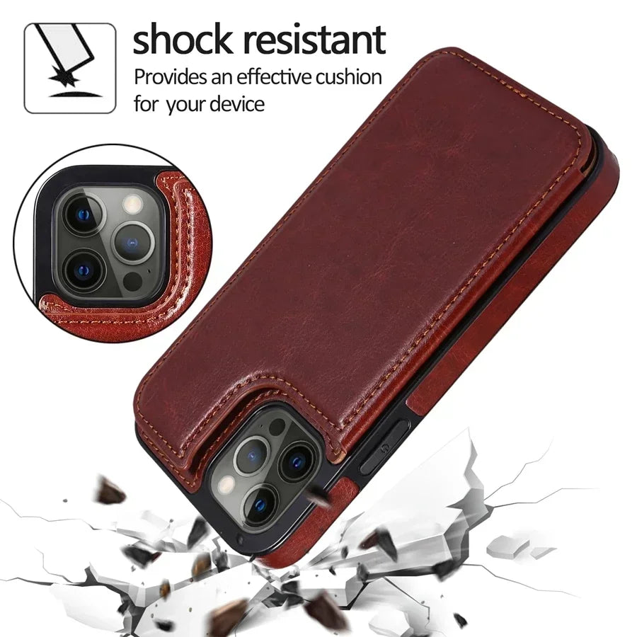 Wallet Double Button With Card Slot Stand Flip Leather Case For iPhone 16e 16 Pro Max 15 Plus 14 13 12 Mini 11 SE3 SE2 X XR 8 7