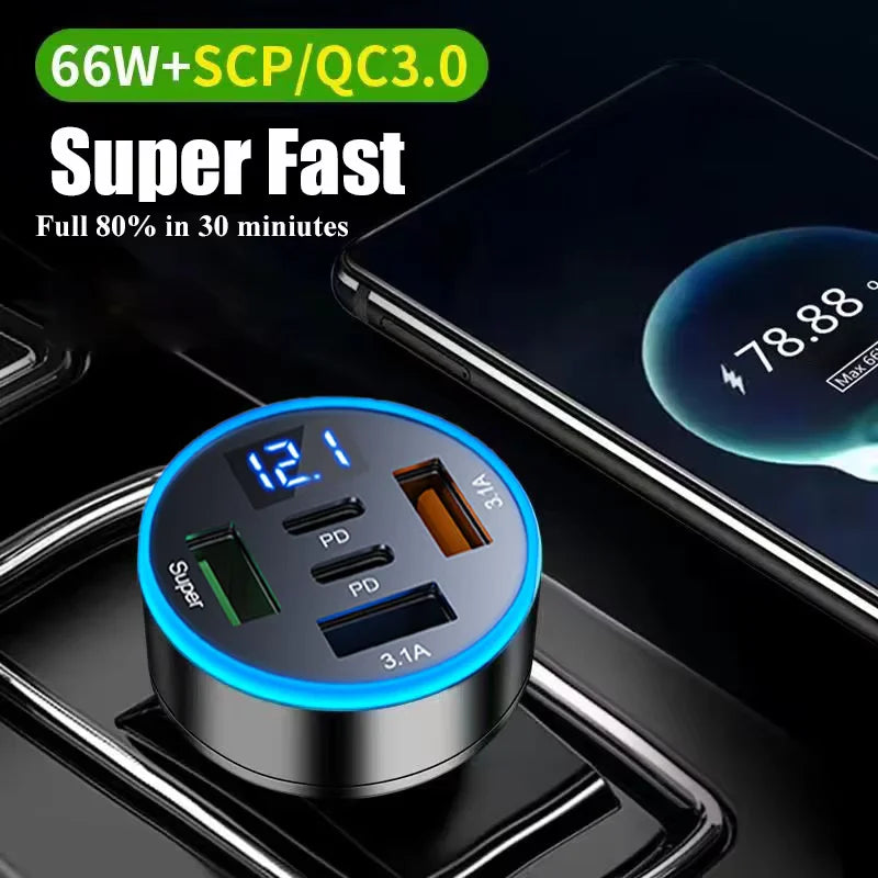 5 in 1 USB Car Phone Charger Adapter with Voltage Display Dual PD Port Super Fast Charge for iPhone Samsung Huawei OPPO