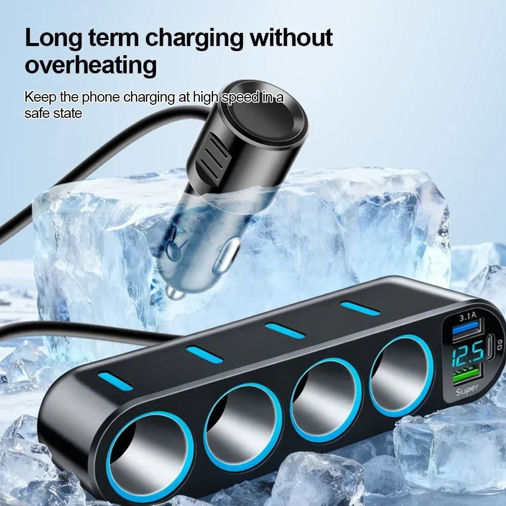 7 in 1 USB Type C Car Cigarette Lighter Splitter 4-Socket Fast Charger Power Adapter for Car DVR GPS Dashcam 12V 24V