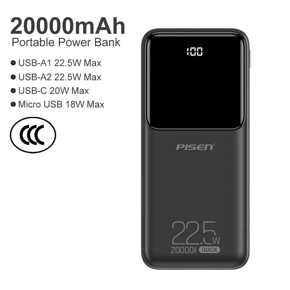 PISEN 20000mAh PD 20W Quick Power Bank SCP 22.5W Portable CCC Powerbank Fast Charging External Battery For Huawei iPhone Xiaomi