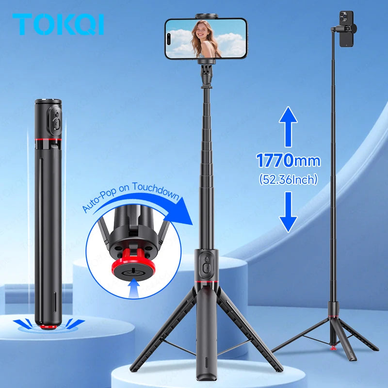 TOKQI TT01 Auto Pop Up Selfie Stick Tripod Hidden Phone Clip Expandable 52.36" for Mobile Phone with Bluetooth Magnetic Remote