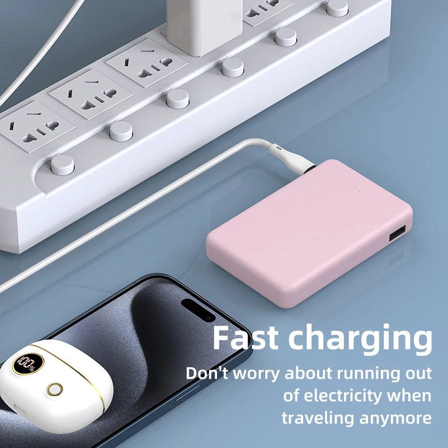Mini 5000mAh Portable Power Bank With Built-in LED Digital Display, 1 USB-A Port and 3 Integrated Charging Cords, Ultra Compact External Battery Pack, Support Multiple Devices Simultaneous Charging Compatible With Android Sm