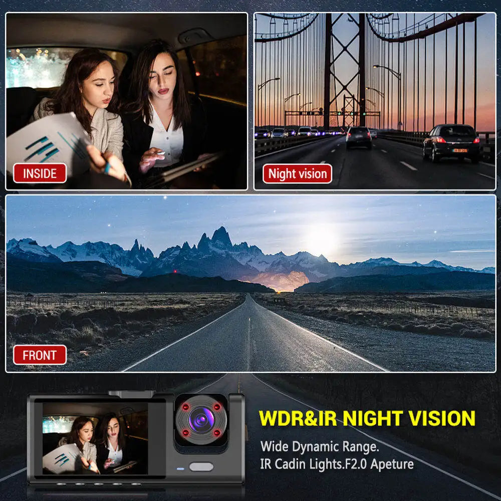 Dash Cam W/ IR Night Vision Loop Recording & 2" IPS Screen 1080P 3 Camera , DVR recorder, video recorder, Vehicle DVR